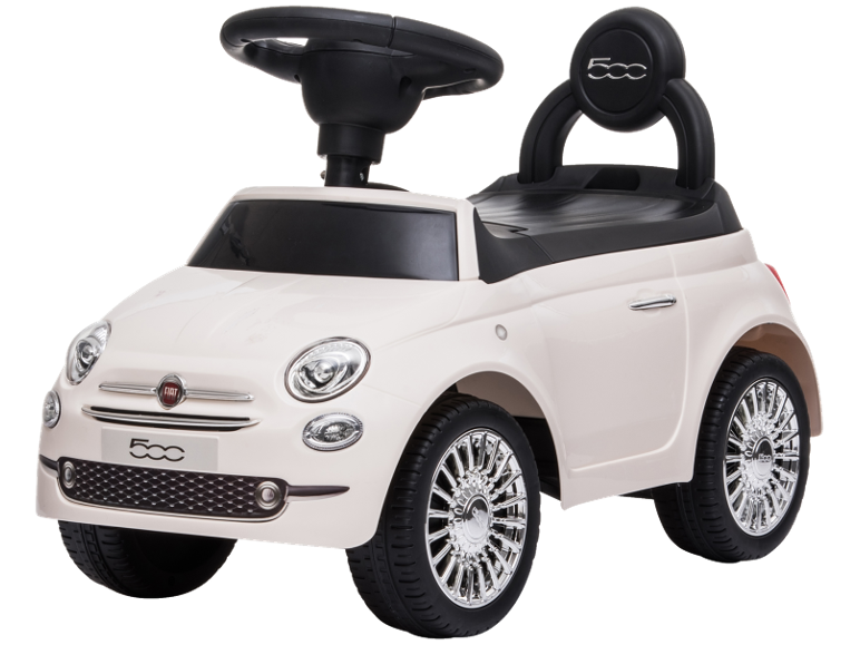 White toy car with steering wheel and rear handle