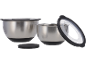 Set of two stainless steel bowls with black lids and non-slip bases.