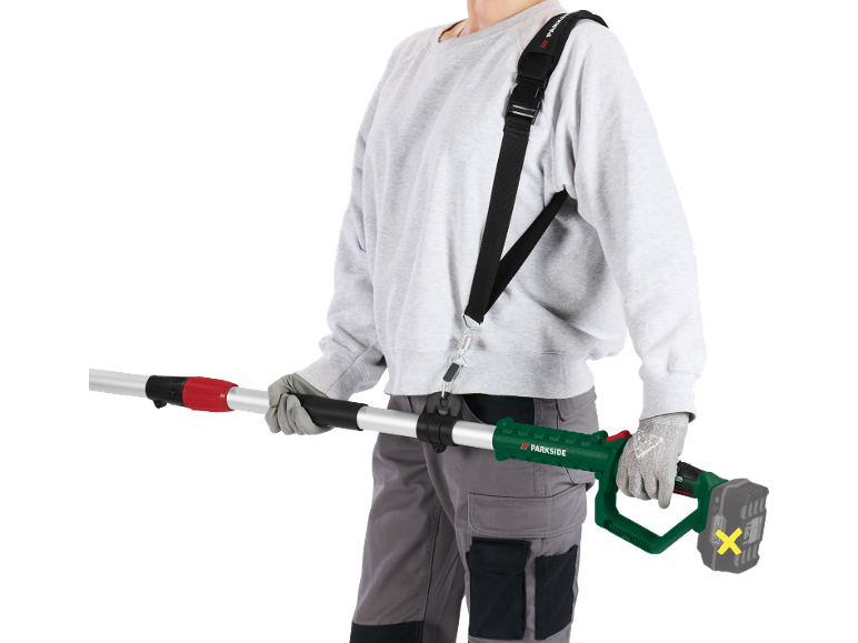 Person holding a cordless telescopic pole pruner with a shoulder strap.