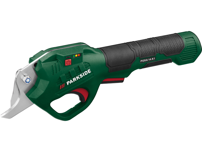 Cordless pruning shears in green and black with a red power button.