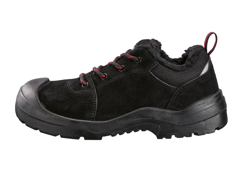 Black safety shoe with red and black laces, faux fur lining.