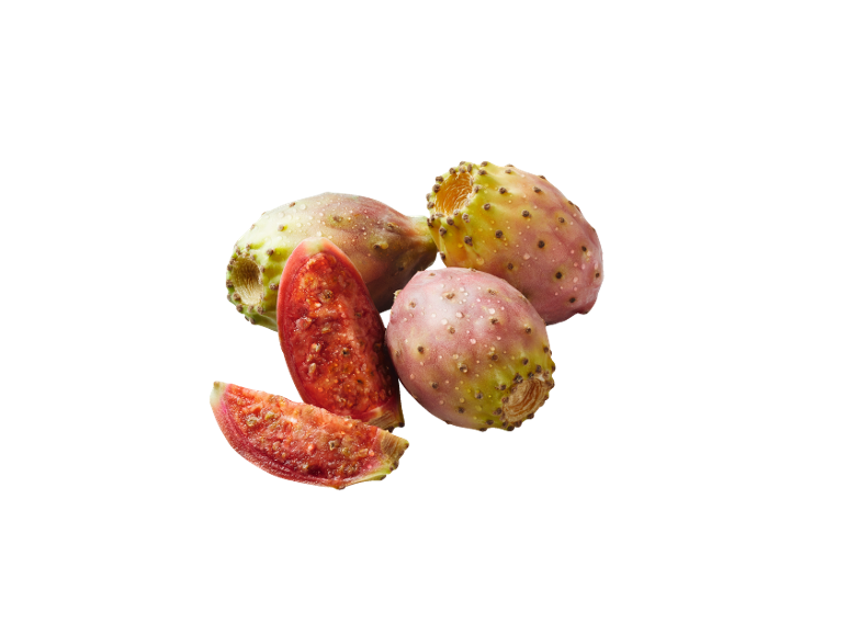 Fresh prickly pears, some sliced, with water droplets.