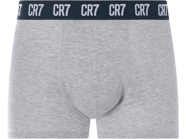 Grey boxers with dark elastic waistband and repeated text.