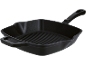 Black square cast iron grill pan with a ridged bottom and a handle.