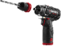 Cordless drill driver with detached drill bit and chuck against a black background.