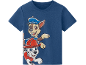 Blue short-sleeved T-shirt with two cartoon dogs, one in a police hat and one in a fire helmet.