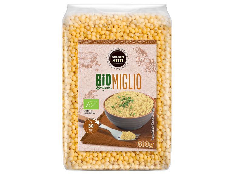 GOLDEN SUN organic millet 500g package with 30 min preparation time.
