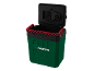 Green and black portable cooler with open lid, red details, and a fan.