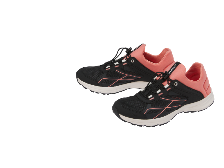 A pair of black and pink sports shoes with white details.