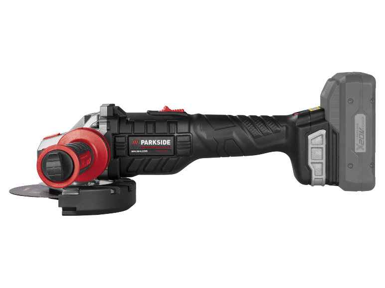 Cordless angle grinder with cutting disc and red handle.