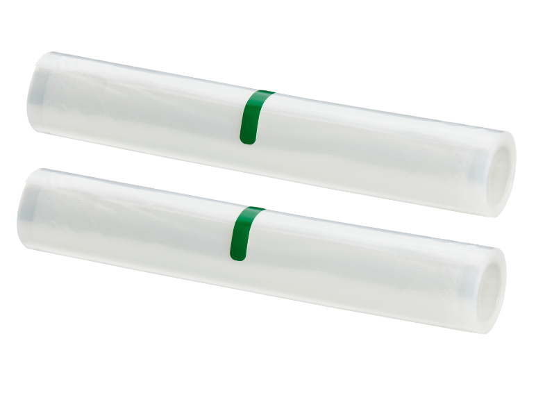 Two rolls of vacuum sealer bags with green bands.