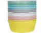 Stack of pastel-colored plastic bowls: yellow, pink, white, grey, blue, and green.