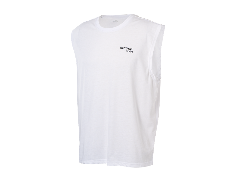 White sleeveless t-shirt with 'BEYOND GYM' text on the chest.