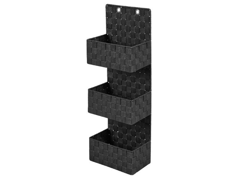 Black hanging organizer with three woven baskets.