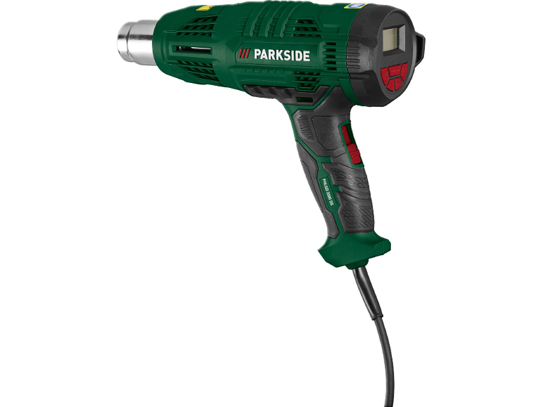 Green heat gun with a digital display and a black handle.