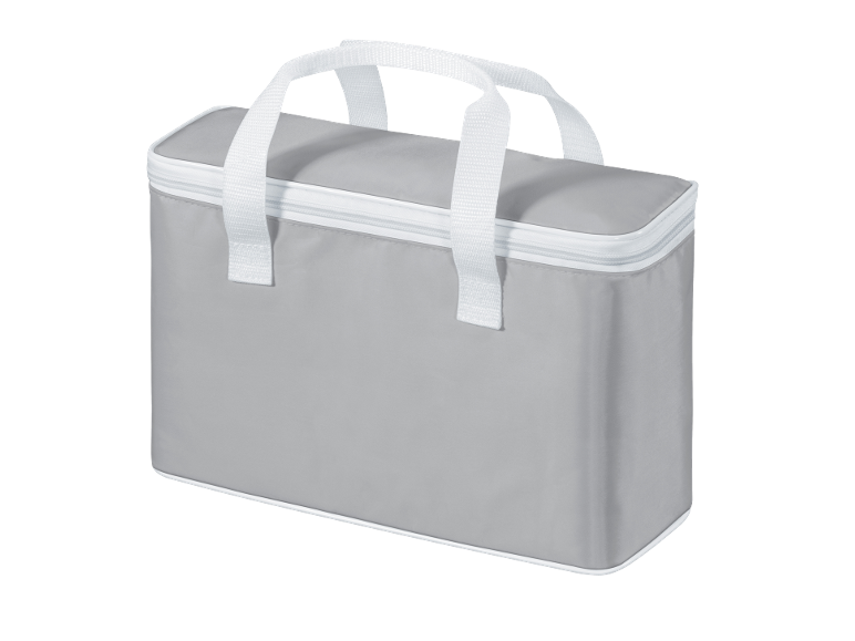 Grey cooler bag with white zipper and handles