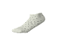 White ankle sock with black polka dots on a black background.