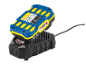 20V 2.0Ah power tool battery with charger, featuring charge indicators.