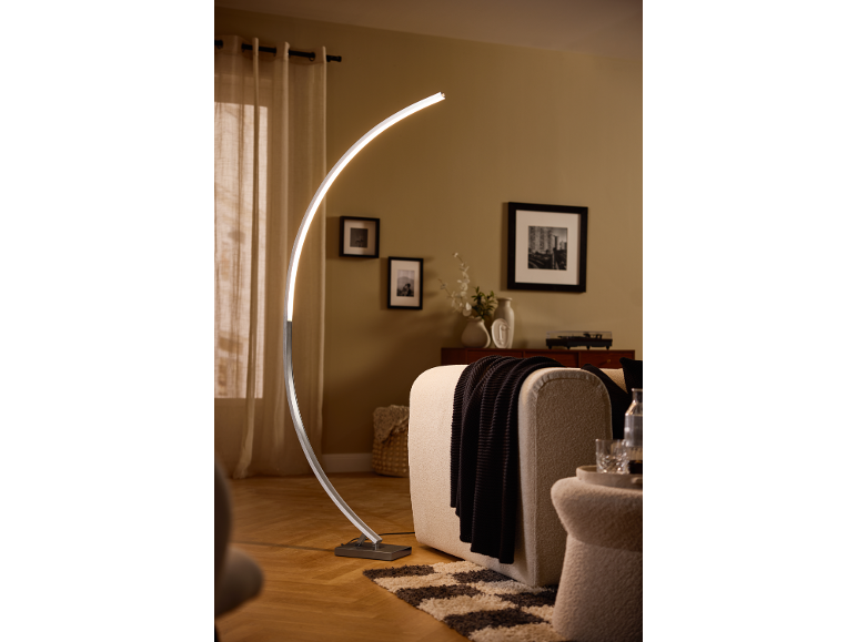 Curved LED floor lamp in a modern living room with a sofa and decor.
