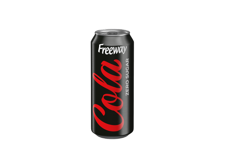 Black can with the text 'Cola Zero Sugar' and 'Freeway' in white letters.