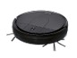 Black robotic vacuum cleaner with side brushes on a black background.