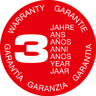 Red 3-year warranty seal in multiple languages.