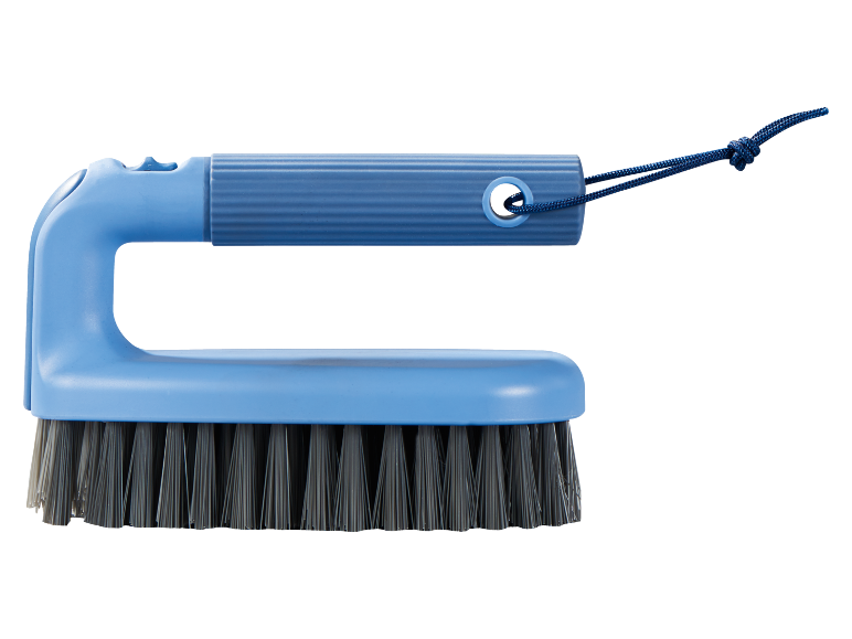 Blue cleaning brush with a short handle and a cord.