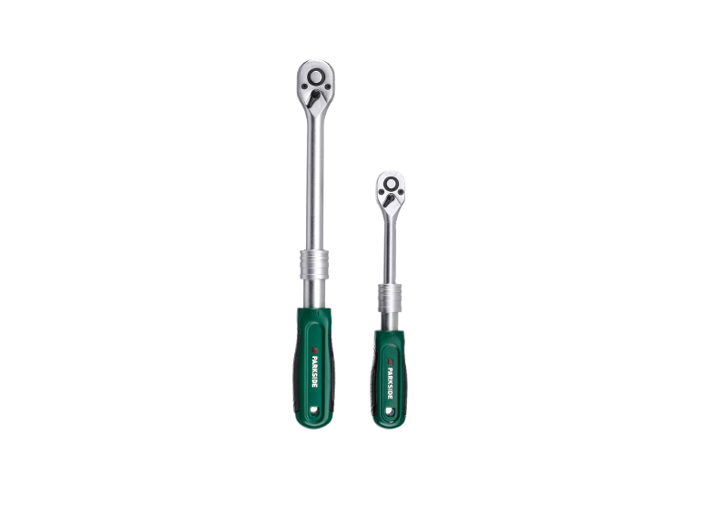 Two ratchet screwdrivers with green handles, one longer and one shorter.