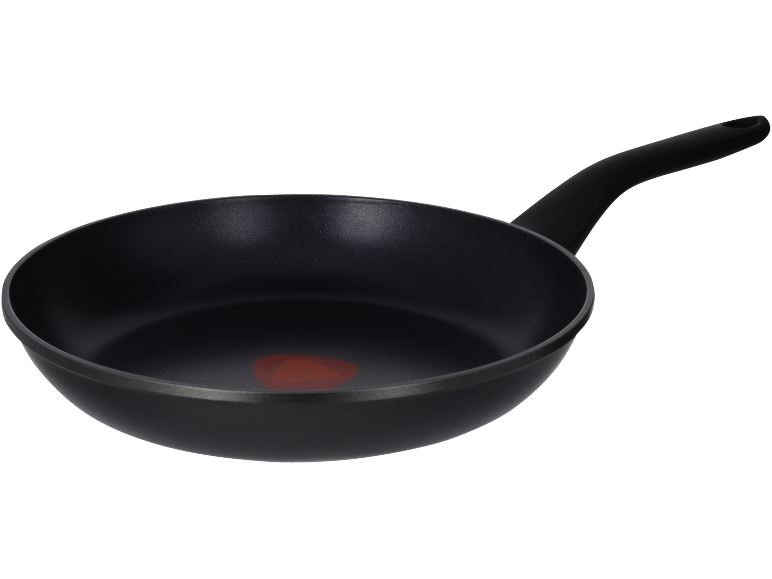 Black non-stick frying pan with a handle, featuring a red heat indicator in the center.