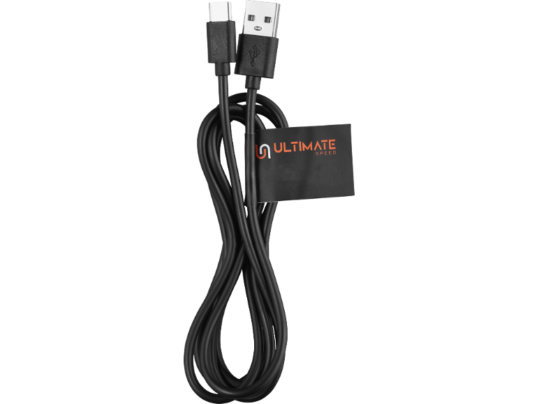 Black USB-C to USB-A charging cable with a tag that says 'ULTIMATE SPEED'