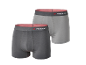 Two men's cotton boxer briefs, one dark grey and one light grey, with a red waistband.