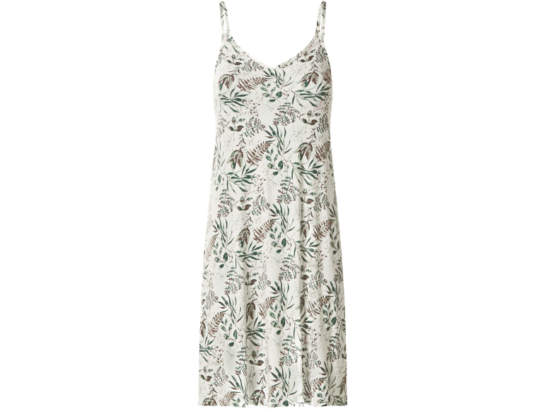 Sleeveless dress with green and brown leaf pattern on a white background.
