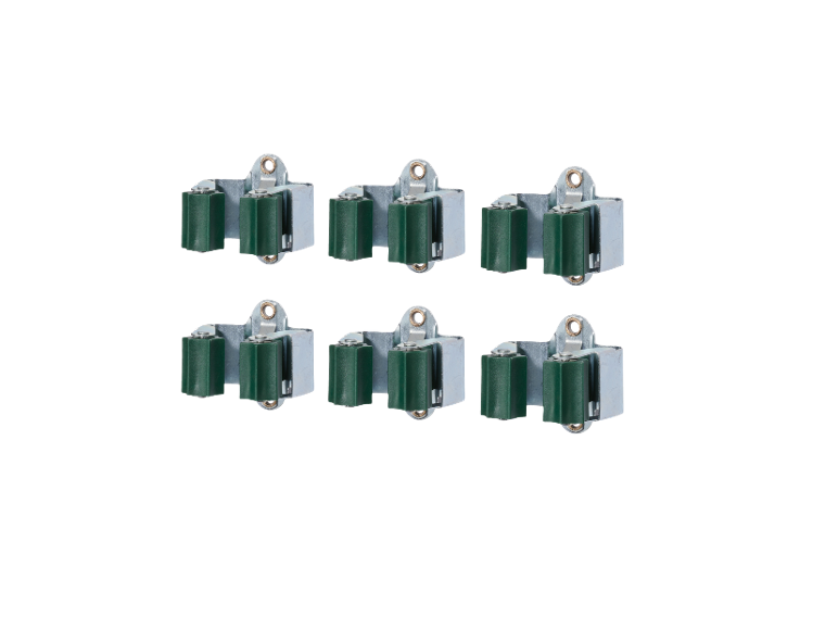 Six wall-mounted broom and tool holders with green rubber rollers.