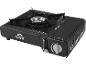 Black portable camping stove with a single burner and flame control.