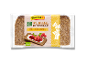 Packaging of rye bread with sunflower seeds, with berries and yogurt on a slice