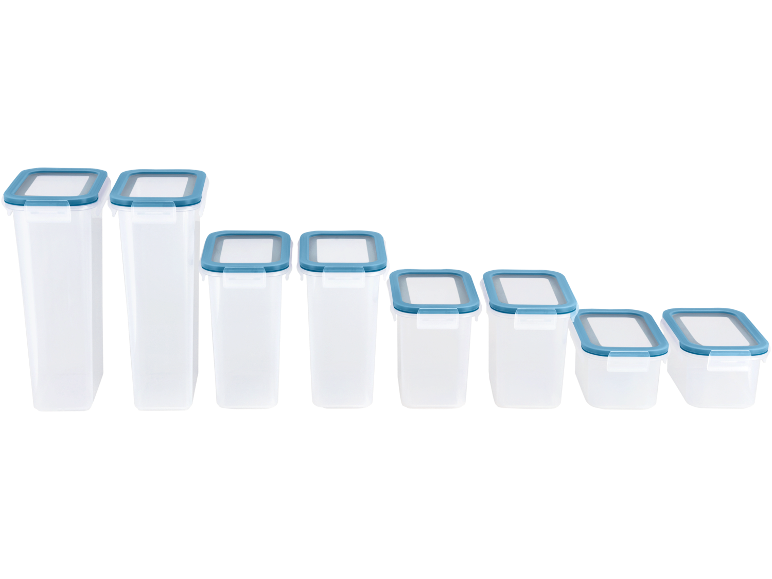 A set of clear plastic food storage containers with blue lids, varying in size.