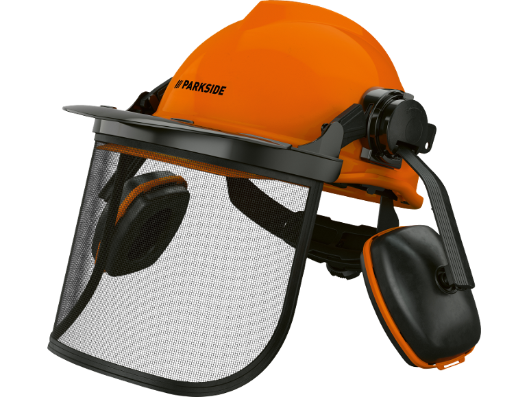 Orange safety helmet with mesh visor and ear defenders.