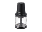 Black and clear food chopper with two speed settings and measurement markings.