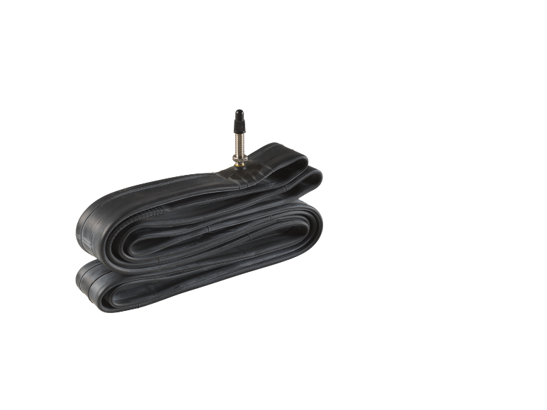 Black bicycle inner tube with valve, folded on a black background.