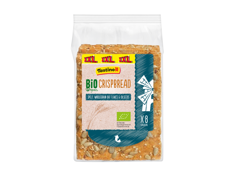 Packaging with eight organic spelt, wholegrain oat flakes and oilseeds crispbreads.