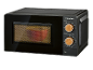Black microwave oven with wooden knobs, power control, and timer.