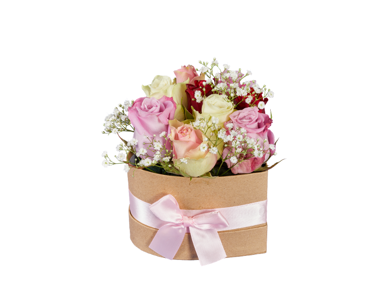 Bouquet of assorted colored roses with baby's breath in a cardboard box with a pink ribbon.