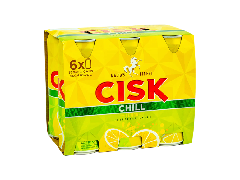 Six-pack of lemon-flavored lager cans, 330ml each, 4.0% alcohol.