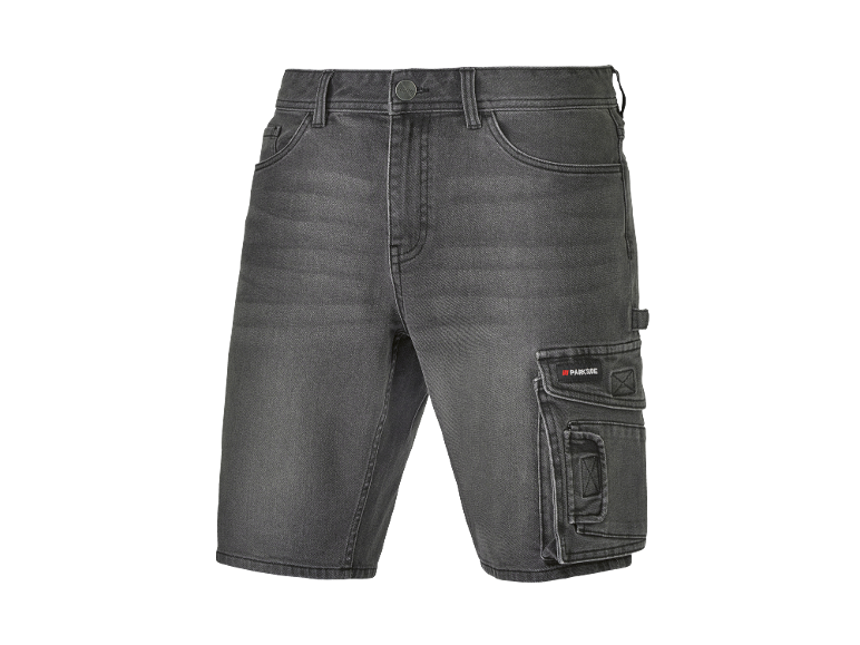 Gray denim shorts with cargo pockets and a tool loop.