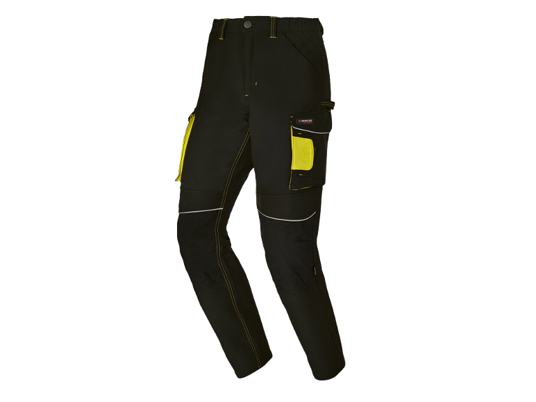 Black work trousers with yellow accents and reflective strips.