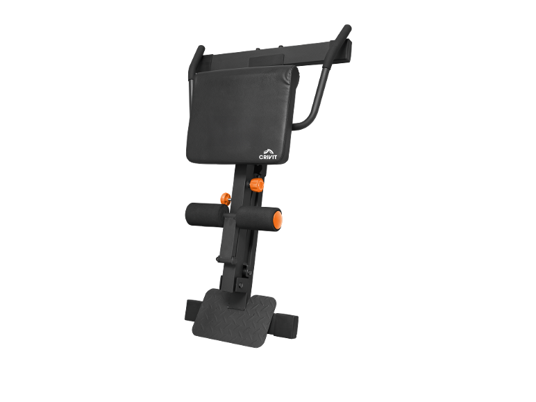 Black abdominal bench with orange adjusters and non-slip foot base.