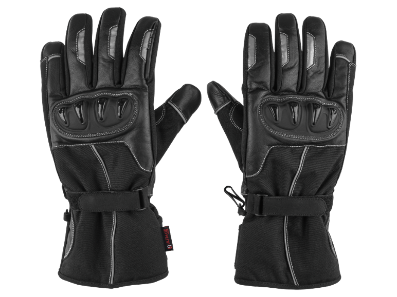 A pair of black motorcycle gloves with reinforcements and adjustable straps.