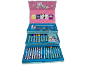 Art set with watercolors, markers, pencils, and crayons, featuring cute characters.