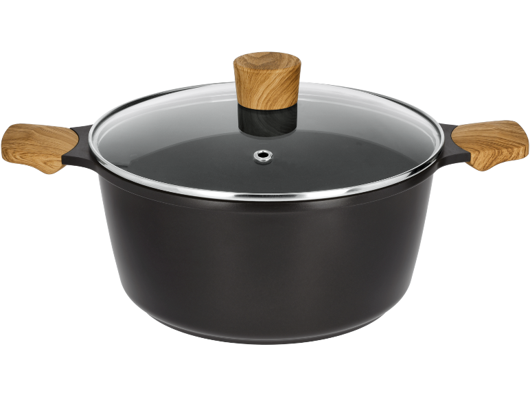 Black pot with glass lid and wooden handles