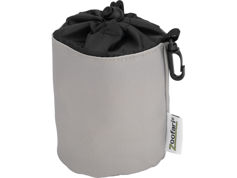 Grey drawstring pouch with black closure, featuring a 'Zoofari' logo on the tag.
